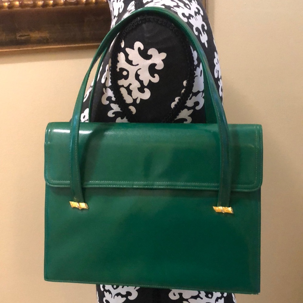 💚 J. Miller Vintage foldover snap close gold tone bamboo detail handbag